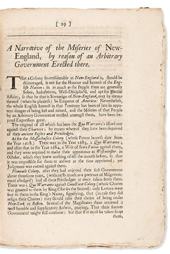 (MASSACHUSETTS.) [Increase Mather.] A Narrative of the Miseries of New-England, by Reason of an Arbitrary Government Erected There,              